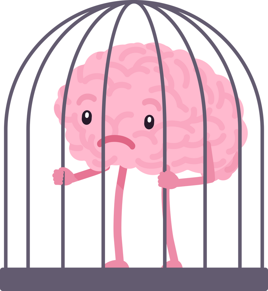 Brain character, cute funny face closed cage, prison, jail
