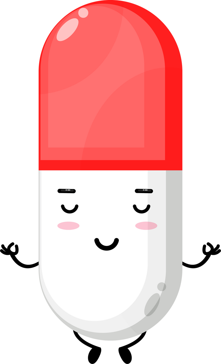Cute pill character in yoga pose